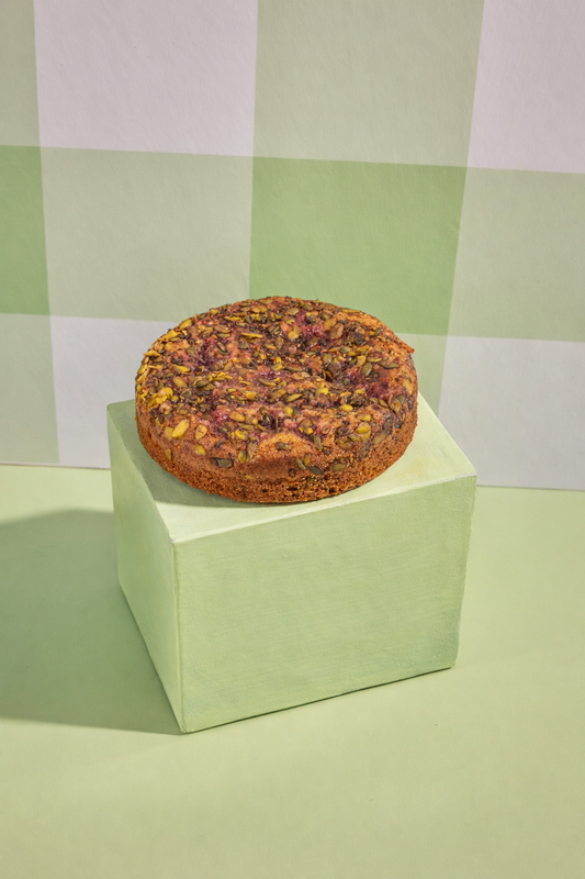 Eggless Raspberry Pistachio Tea Cake