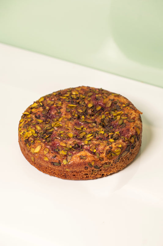Eggless Raspberry Pistachio Tea Cake
